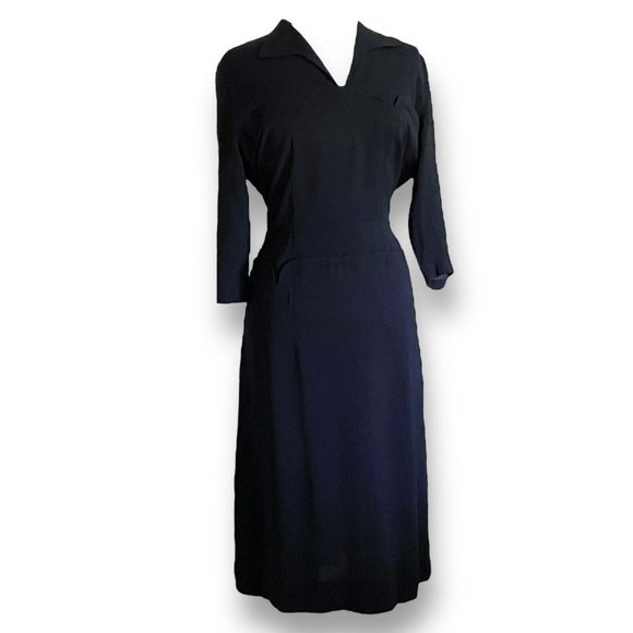 Vintage 40s Womens Dress Volup 32" Waist Black Rayon Femme Fatale Vamp Witchcore - Picture 6 of 16
